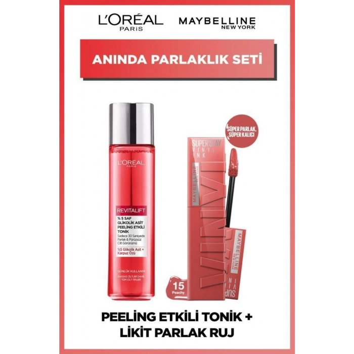 Loreal Paris Revitalift %5 Saf Glikolik Asit Peeling Etkili Tonik & Super Stay Vinyl Ink Kalıcı Likit Ruj 15 Set