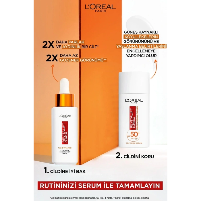 Loreal Paris Revitalift Clinical %12 Saf C Vitamini Aydınlatıcı Serum & Spf 50+ Uv Korumalı Yüz Güneş Kremi 50ml