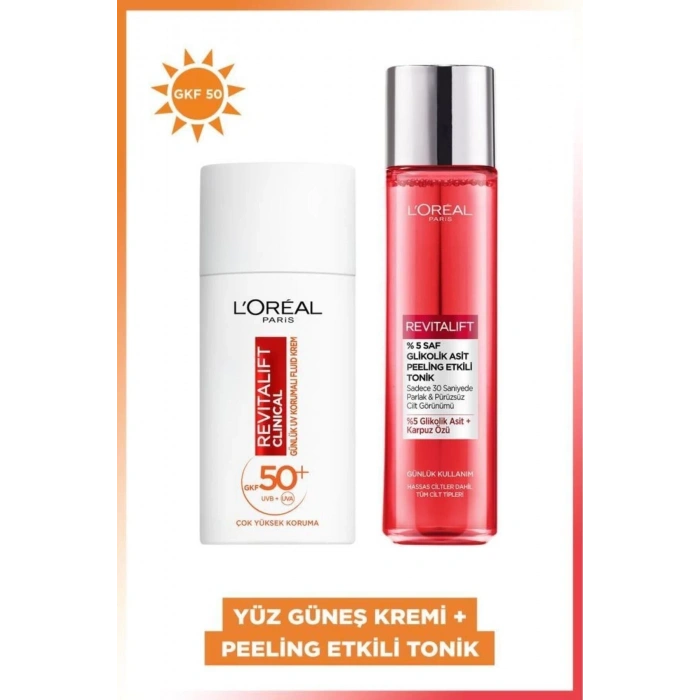 Loreal Paris Revitalift Clinical Spf 50+ Yüz Güneş Kremi 50 ml & %5 Saf Glikolik Asit Peeling Etkili Tonik 180 ml