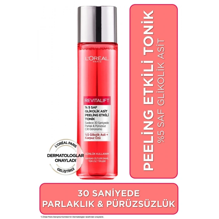 Loreal Paris Revitalift Parlak & Pürüzsüz, Koyu Leke Karşıtı Peeling Etkili Tonik, %5 Saf Glikolik Asit 180 ml