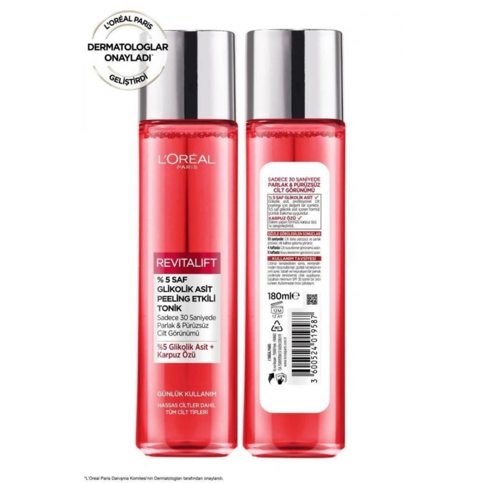 Loreal Paris Revitalift Parlak & Pürüzsüz, Koyu Leke Karşıtı Peeling Etkili Tonik, %5 Saf Glikolik Asit 180 ml