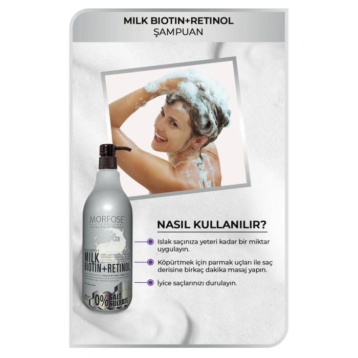 Morfose Saç Dökülmesi Karşıtı, Sülfatsız Milk Biotin Retinol İçerikli Tuzsuz Şampuan 1000 ml