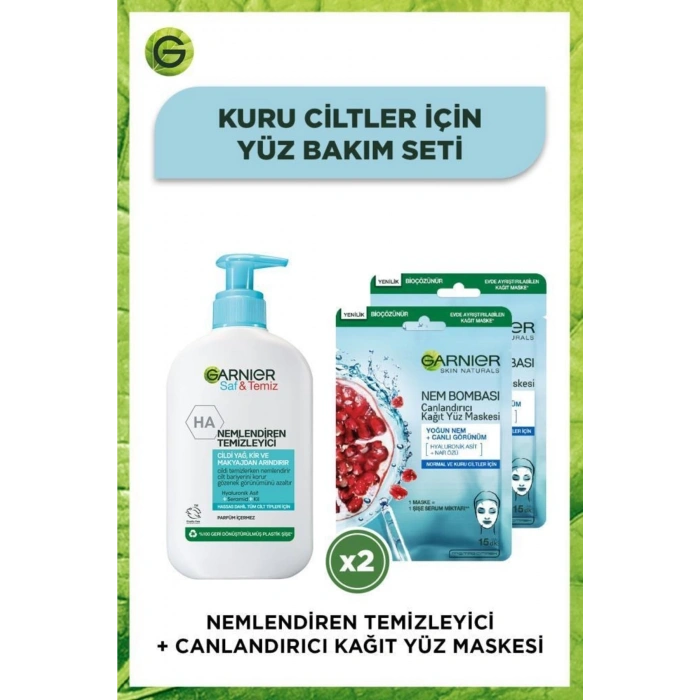 Garnier Saf & Temiz Nemlendiren Temizleyici 250 ml + Nem Bombası Canlandırıcı Kağıt Maske / 2 Adet