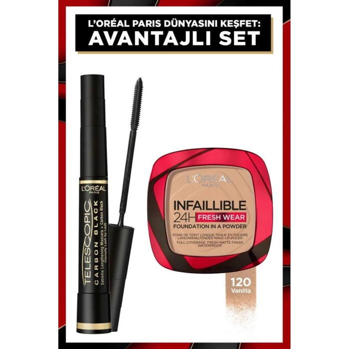 Loreal Paris Telescopic Carbon Black Maskara - Siyah & Infaillible 24h Fresh Wear Pudra Fondöten 120 Vanilla