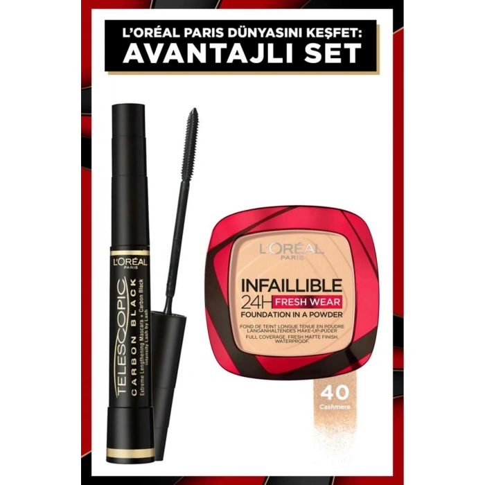 Loreal Paris Telescopic Carbon Black Maskara - Siyah & Infaillible 24h Fresh Wear Pudra Fondöten 40 Cashmere