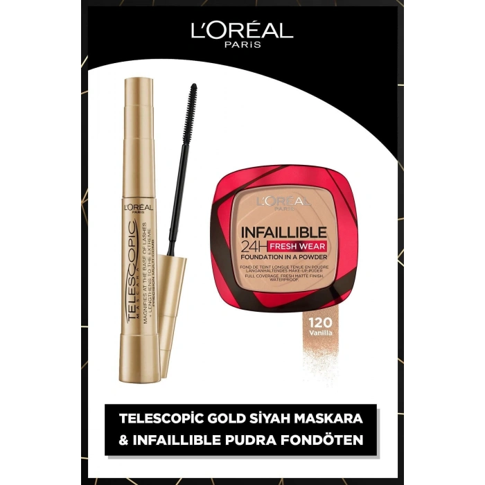 Loreal Paris Telescopic Gold Siyah Maskara & Infaillible 24h Fresh Wear Pudra Fondöten 120 Vanilla