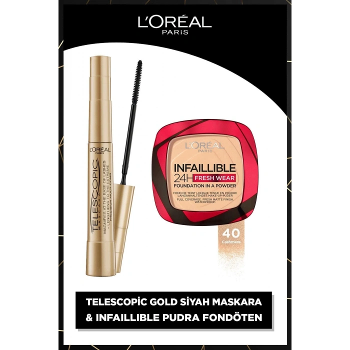 Loreal Paris Telescopic Gold Siyah Maskara & Infaillible 24h Fresh Wear Pudra Fondöten 40 Cashmere