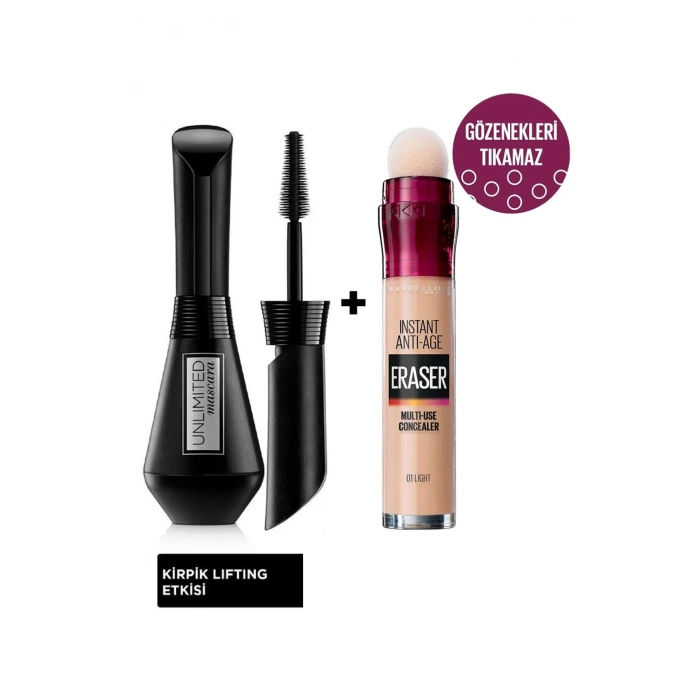Loreal Paris Unlimited Siyah Maskara & Instant Anti Age Eraser Kapatıcı - 01 Light 2li Göz Makyajı Seti
