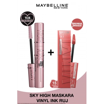 Maybelline New York Lash Sensational Sky High Maskara & Super Stay Vinyl Ink Uzun Süre Kalıcı Likit Parlak Ruj 15 Peachy