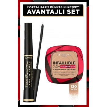 Loreal Paris Telescopic Carbon Black Maskara - Siyah & Infaillible 24h Fresh Wear Pudra Fondöten 120 Vanilla