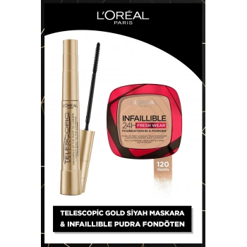 Loreal Paris Telescopic Gold Siyah Maskara & Infaillible 24h Fresh Wear Pudra Fondöten 120 Vanilla
