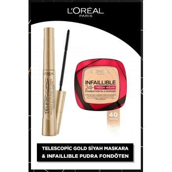 Loreal Paris Telescopic Gold Siyah Maskara & Infaillible 24h Fresh Wear Pudra Fondöten 40 Cashmere