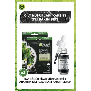 Garnier Aha Bha Cilt Kusurları Karşıtı Siyah Serum 30 ml & Siyah Yosun Kömürlü Kağıt Yüz Maskesi / 2 Adet