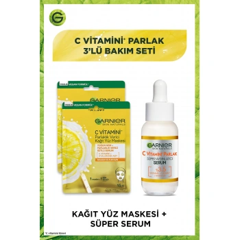 Garnier C Vitamini Parlak 3lü Bakım Seti Kağıt Yüz Maskesi + Süper Aydınlatıcı Serum