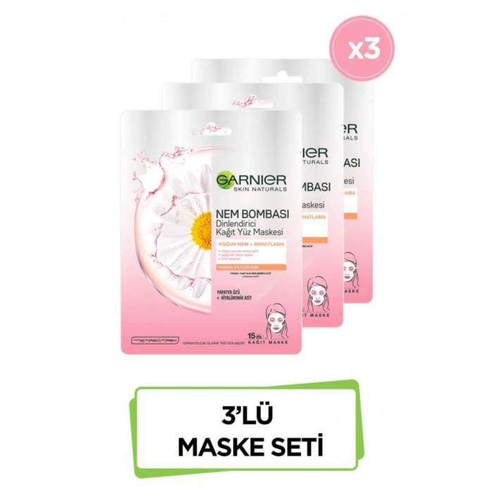 Garnier Hassas ve Kuru Ciltler için Nem Bombası Dinlendirici Kağıt Yüz Maskesi 3lü Set