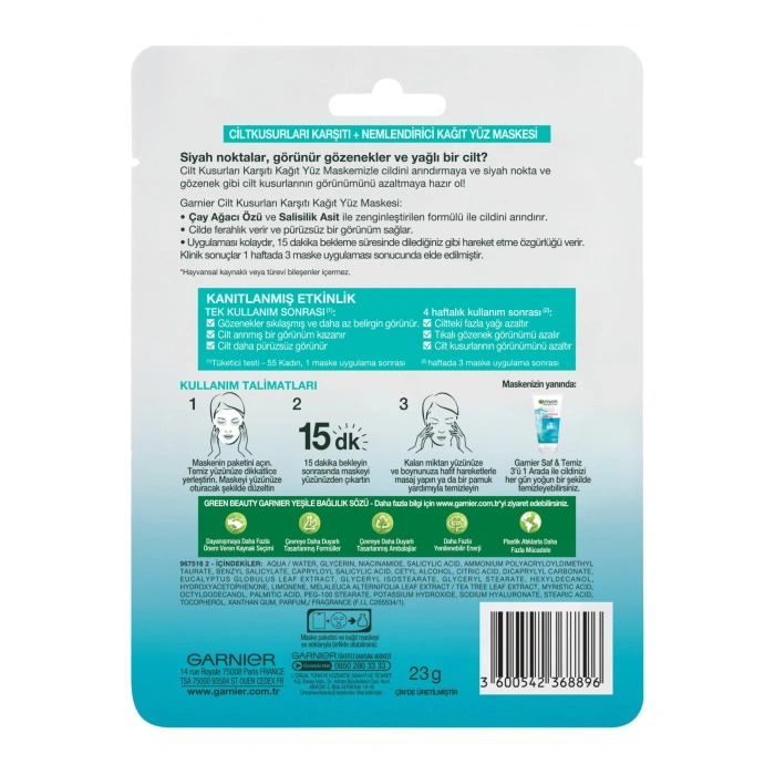 Garnier Saf & Temiz Cilt Kusurları Karşıtı Kağıt Yüz Maskesi 3lü Set