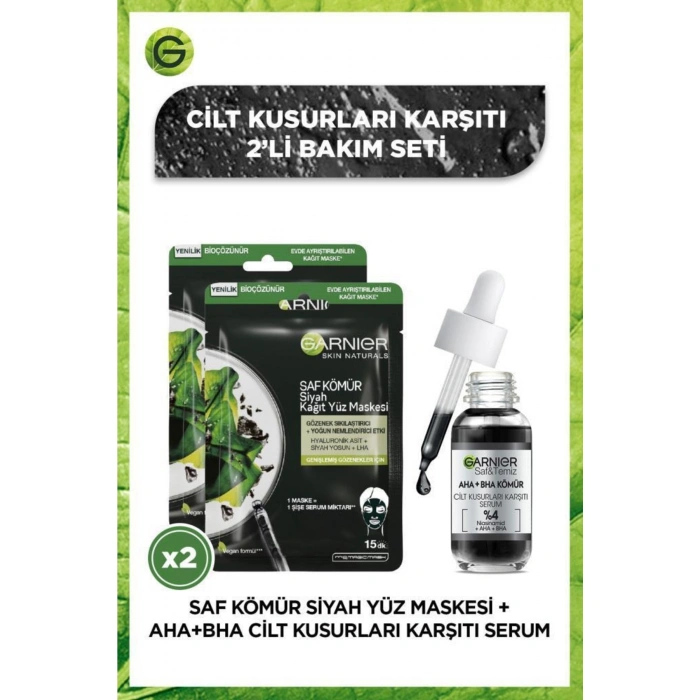 Garnier Aha Bha Cilt Kusurları Karşıtı Siyah Serum 30 ml & Siyah Yosun Kömürlü Kağıt Yüz Maskesi / 2 Adet