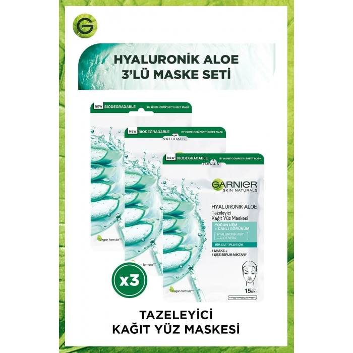 Garnier Hyaluronik Aloe Tazeleyici Kağıt Yüz Maskesi 3lü Set