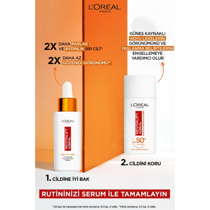Loreal Paris Revitalift Clinical %12 Saf C Vitamini Aydınlatıcı Serum & Spf 50+ UV Korumalı Yüz Güneş Kremi 50 ml