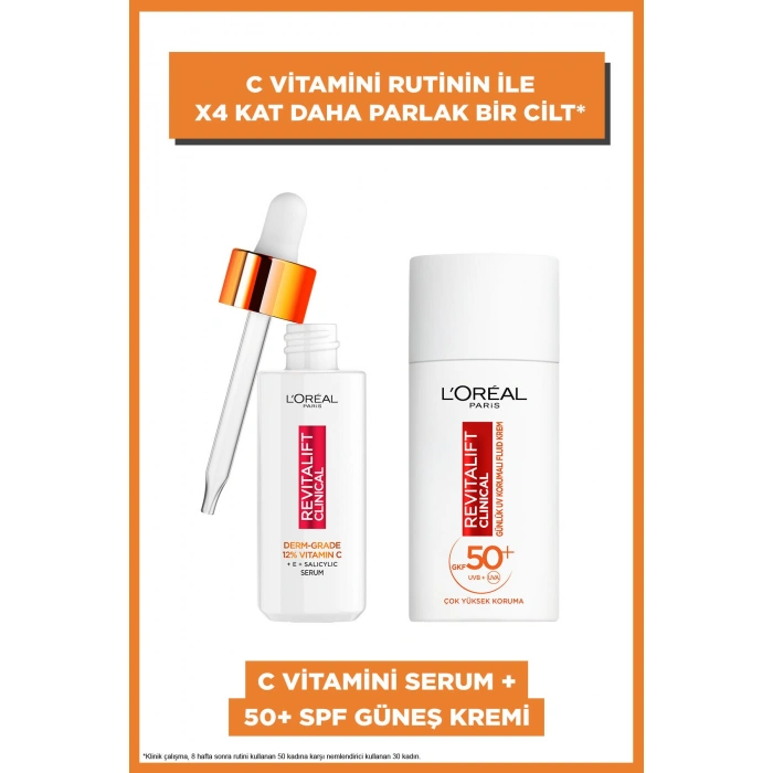 Loreal Paris Revitalift Clinical %12 Saf C Vitamini Aydınlatıcı Serum & Spf 50+ UV Korumalı Yüz Güneş Kremi 50 ml
