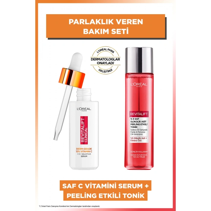 Loreal Paris Revitalift Clinical %12 Saf C Vitamini Serum 30 ml & %5 Saf Glikolik Asit Peeling Etkili Tonik 180 ml