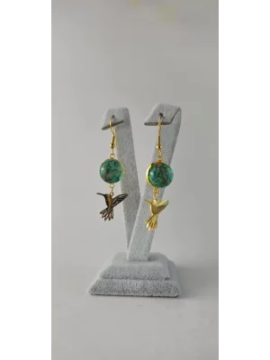 Benim Cam Atölyem Ebru Tekniği Altın Kaplama Çelik Murano Saksağan Küpe