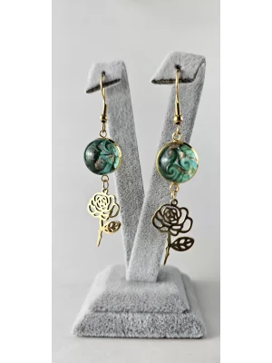 Benim Cam Atölyem Ebru Tekniği Altın Kaplama Çelik Murano Gül Küpe