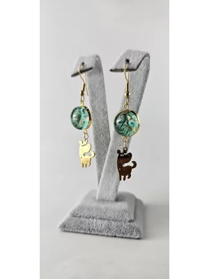 Benim Cam Atölyem Ebru Tekniği Altın Kaplama Çelik Murano Köpek Küpe no2