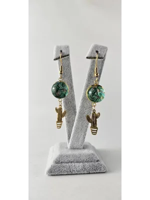 Benim Cam Atölyem Ebru Tekniği Altın Kaplama Çelik Murano Kaktüs Küpe