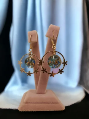 Benim Cam Atölyem Ebru Tekniği Altın Kaplama Çelik Murano Küpe