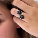 Safir Taş Detaylı Ham Elmas Taşlı İki Çiçek Yüzük