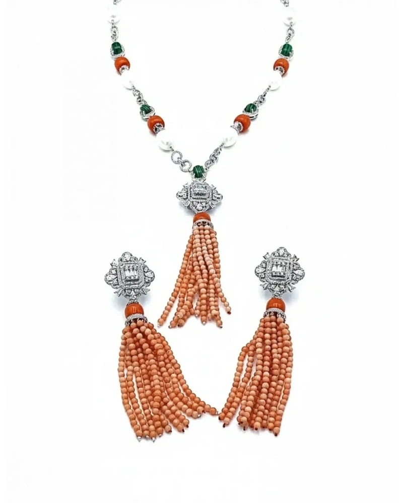 İnci ve Mercan Taşlı Tasarım Kolye Küpe Set