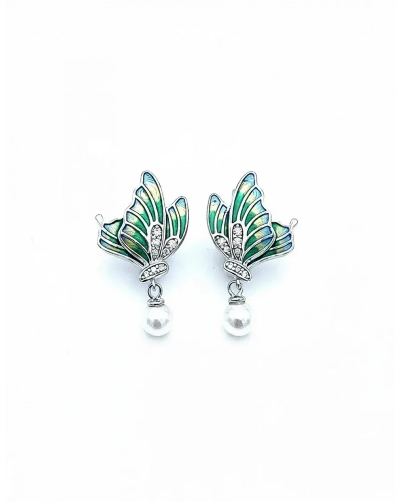 Yeşil Mineli İncili Kelebek Küpe