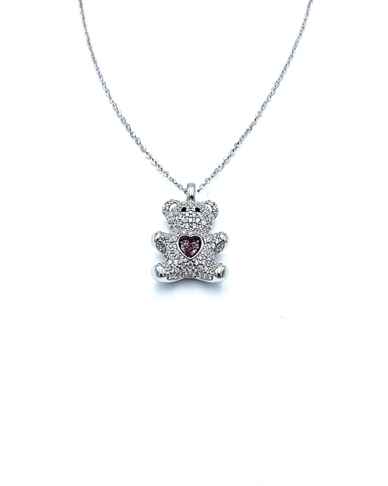 Ayıcık Pembe Kalp Taşlı Kolye