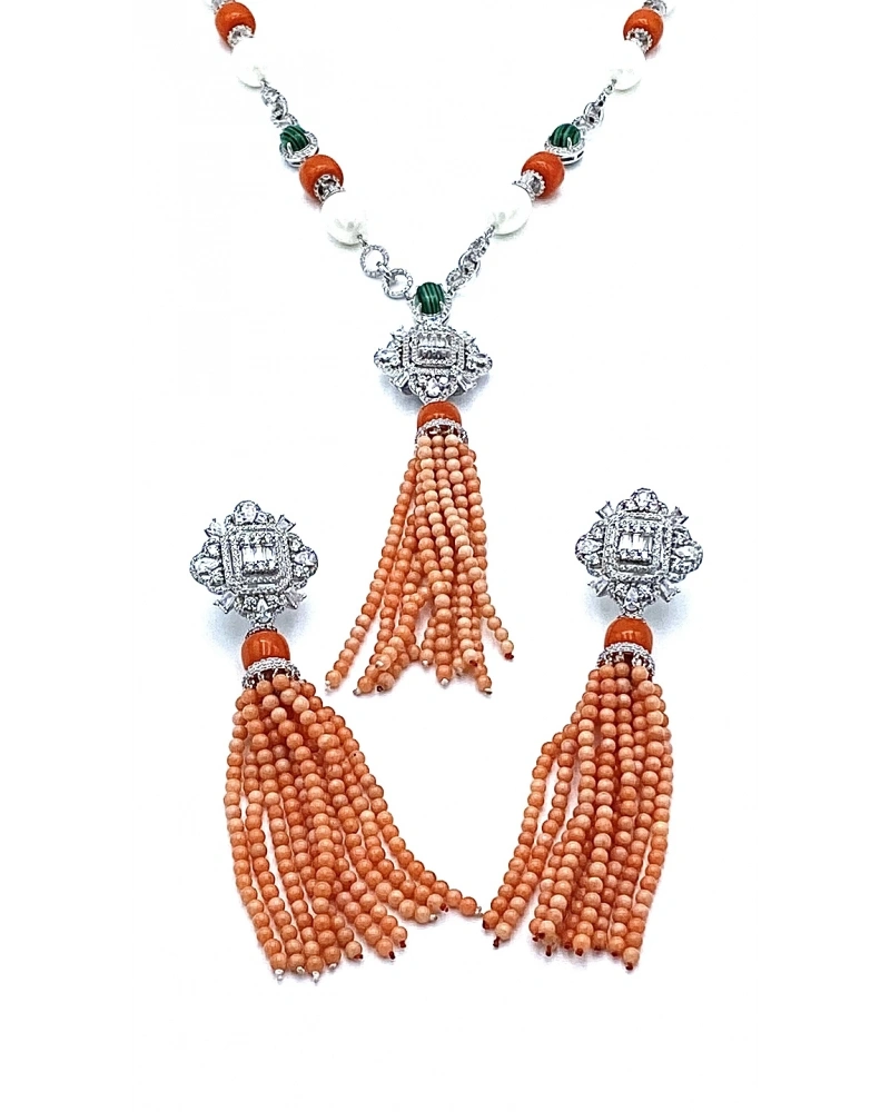 İnci ve Mercan Taşlı Tasarım Kolye Küpe Set