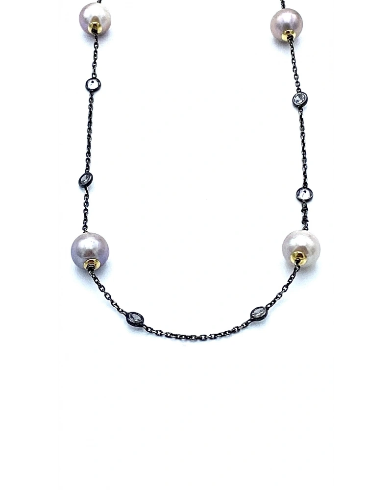 Pembe İnci Gömme Sıra Taşlı Uzun Kolye