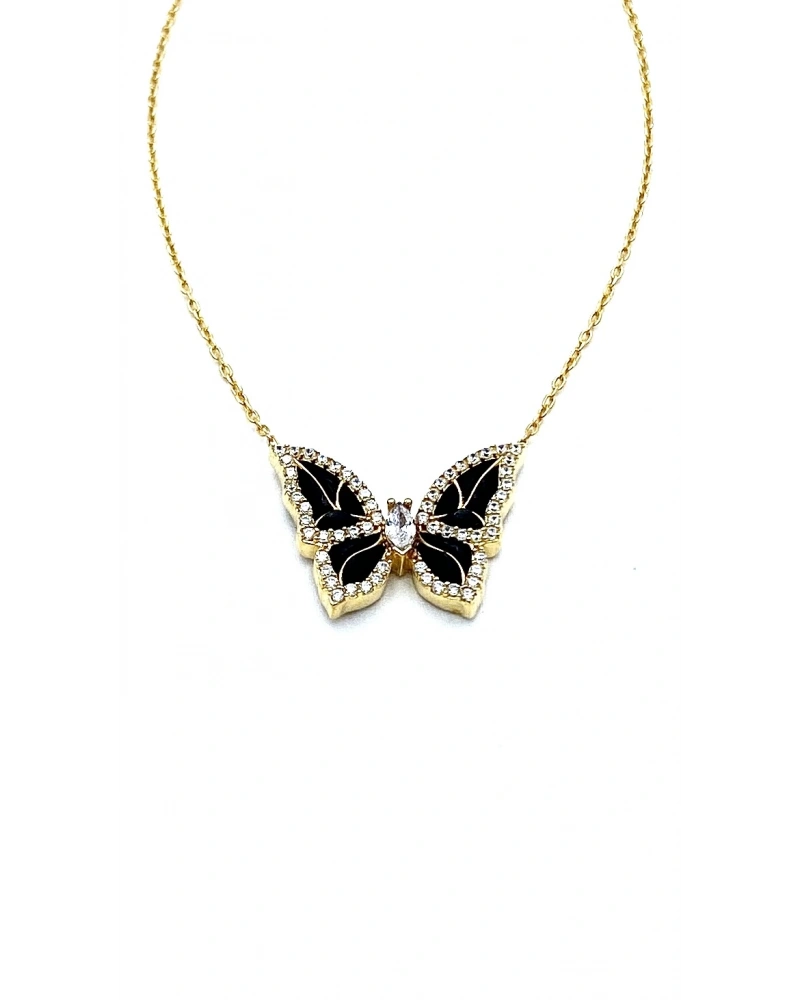 Siyah Yanları Taşlı Kelebek Kolye
