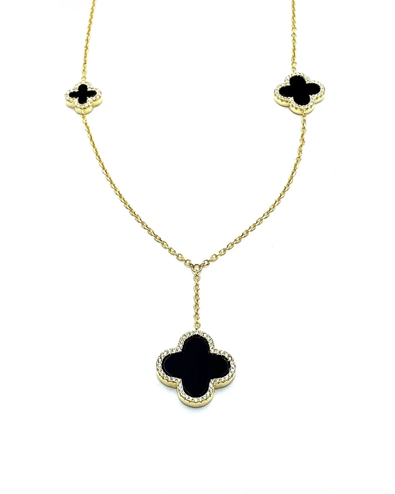 Taşlı Siyah Yonca Kolye