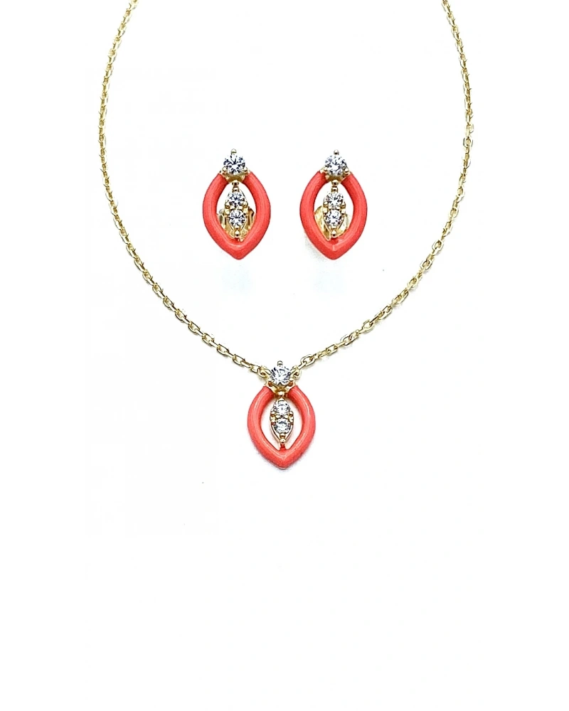 Turuncu Mineli Oval Kolye Küpe Set