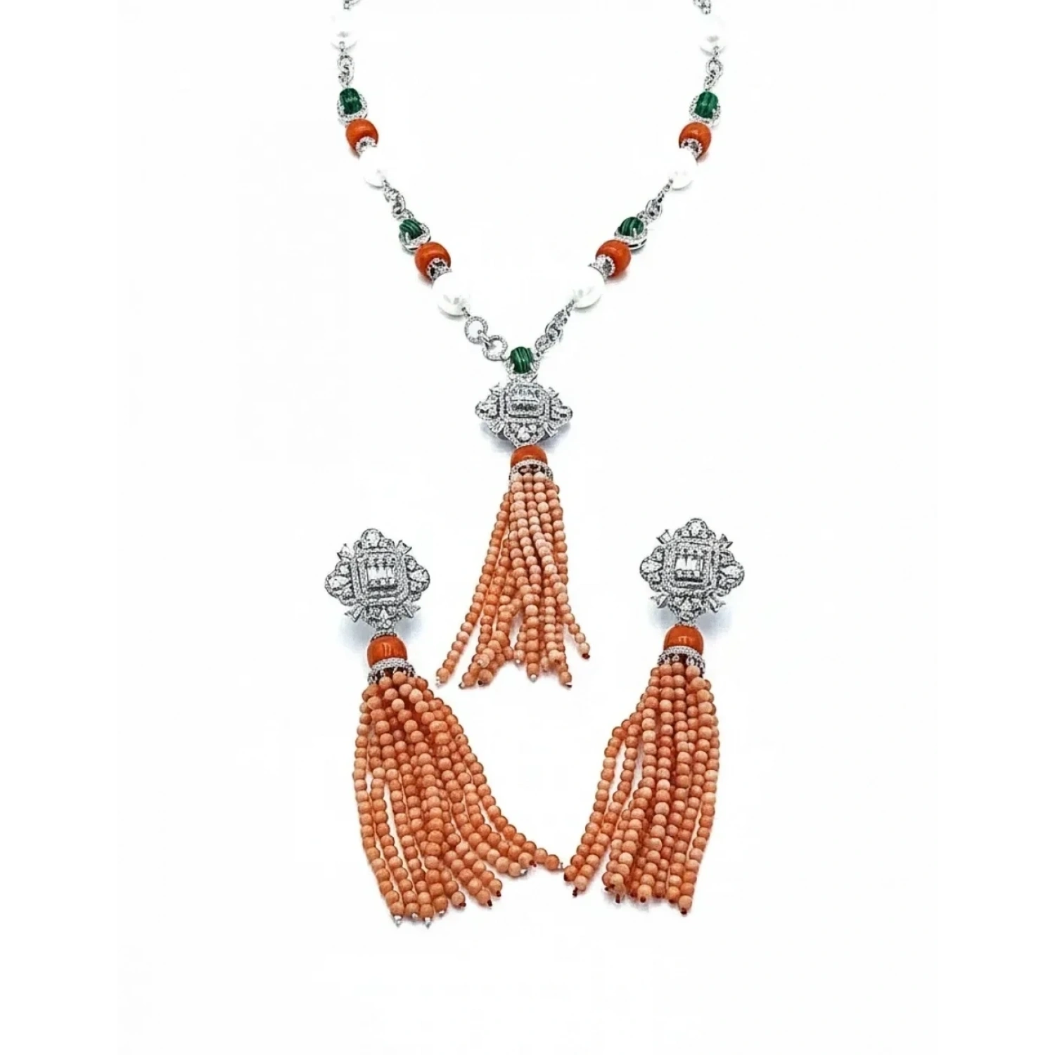 İnci ve Mercan Taşlı Tasarım Kolye Küpe Set