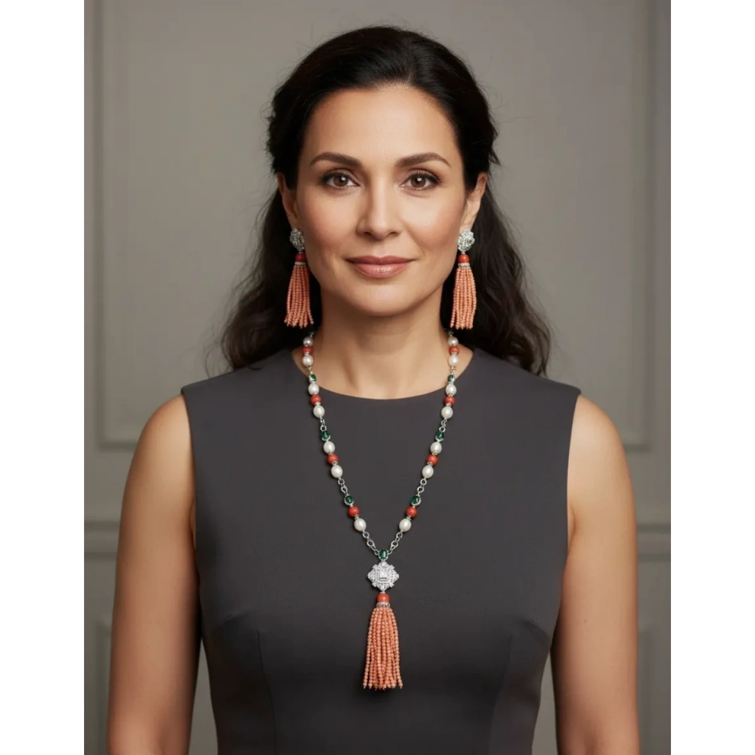 İnci ve Mercan Taşlı Tasarım Kolye Küpe Set