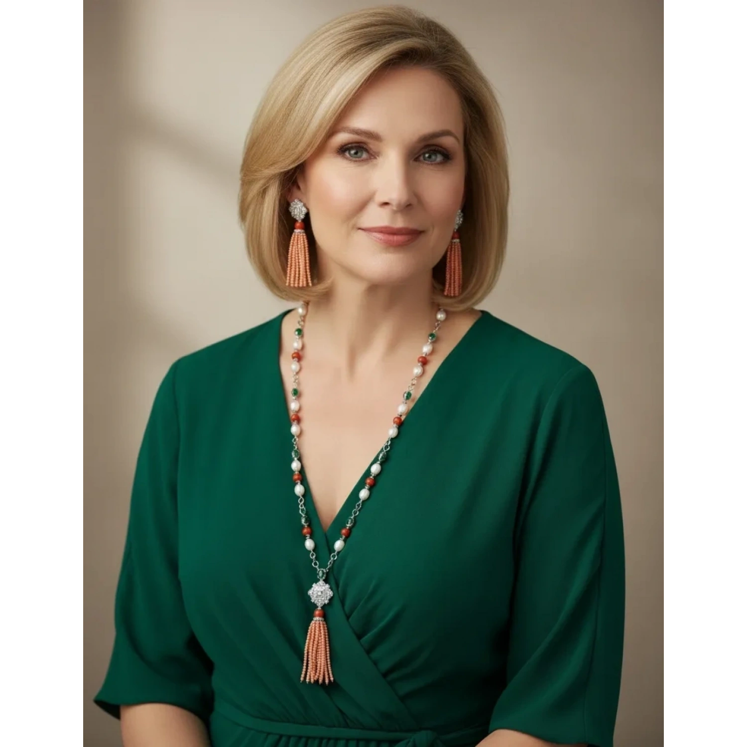 İnci ve Mercan Taşlı Tasarım Kolye Küpe Set