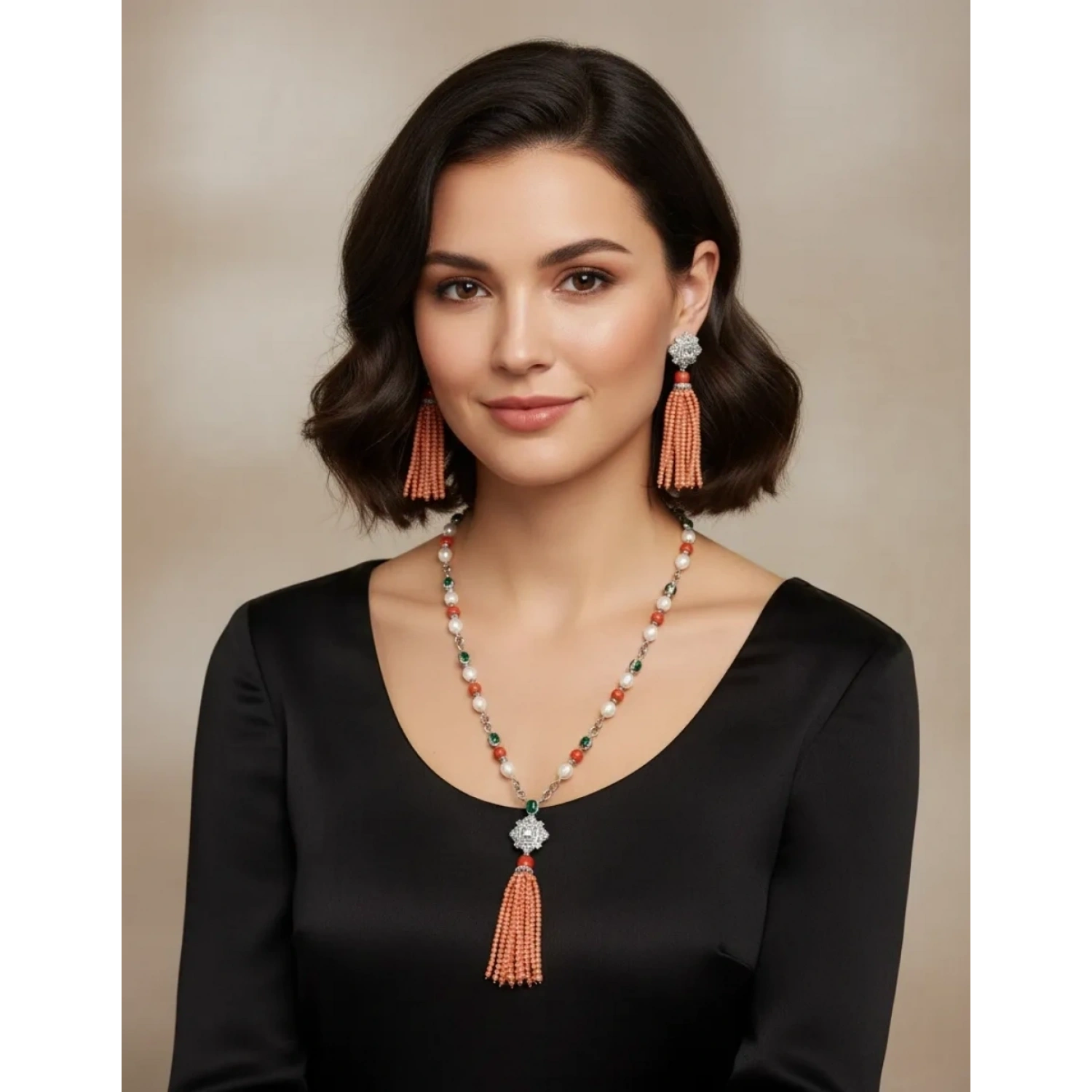 İnci ve Mercan Taşlı Tasarım Kolye Küpe Set