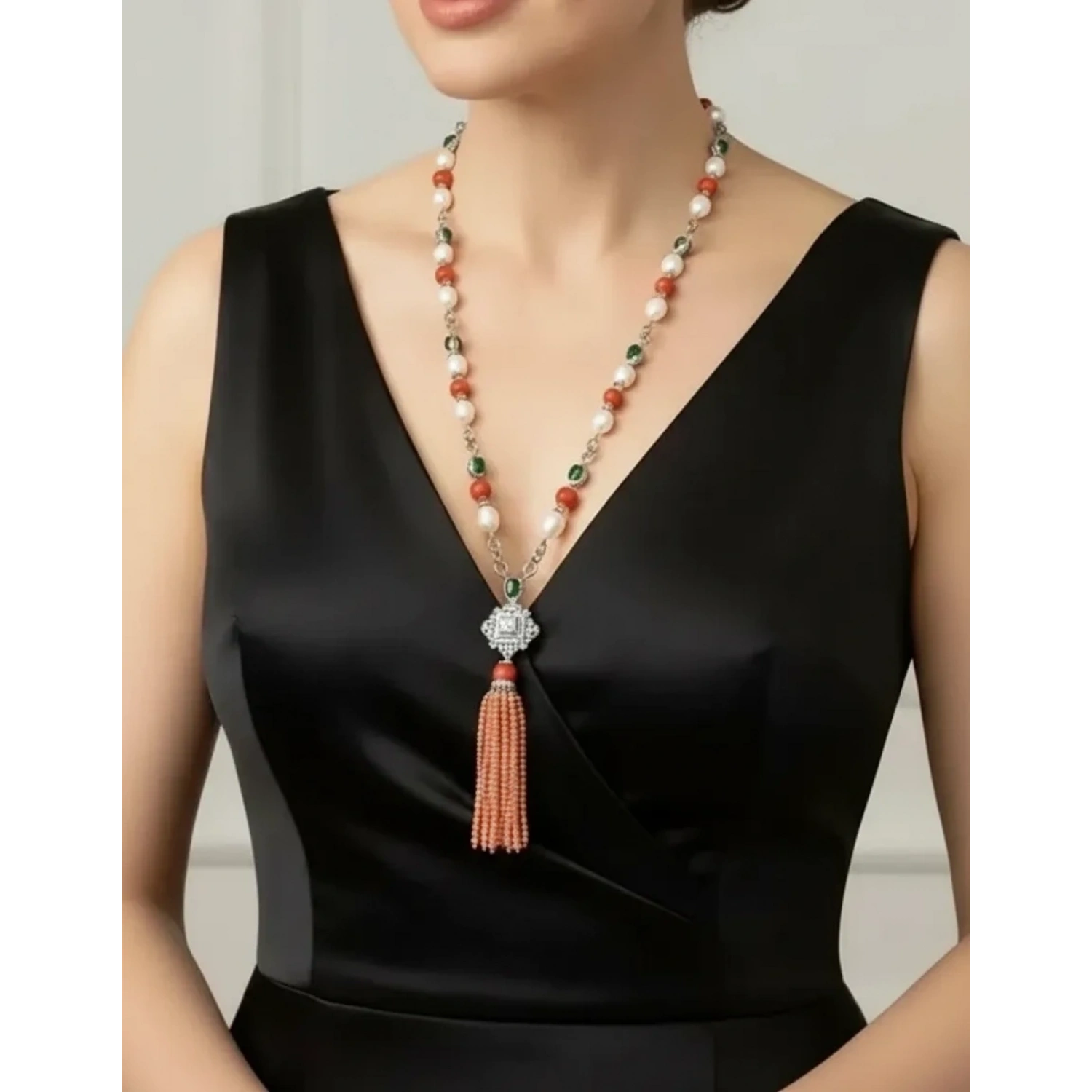 İnci ve Mercan Taşlı Tasarım Kolye Küpe Set