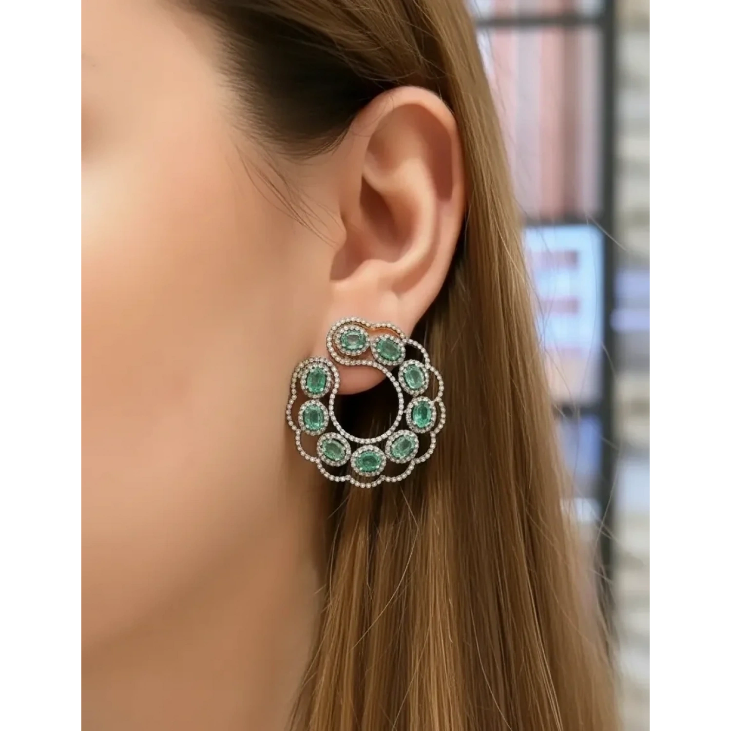 Zümrüt ve Ham Elmas Taşlı Küpe