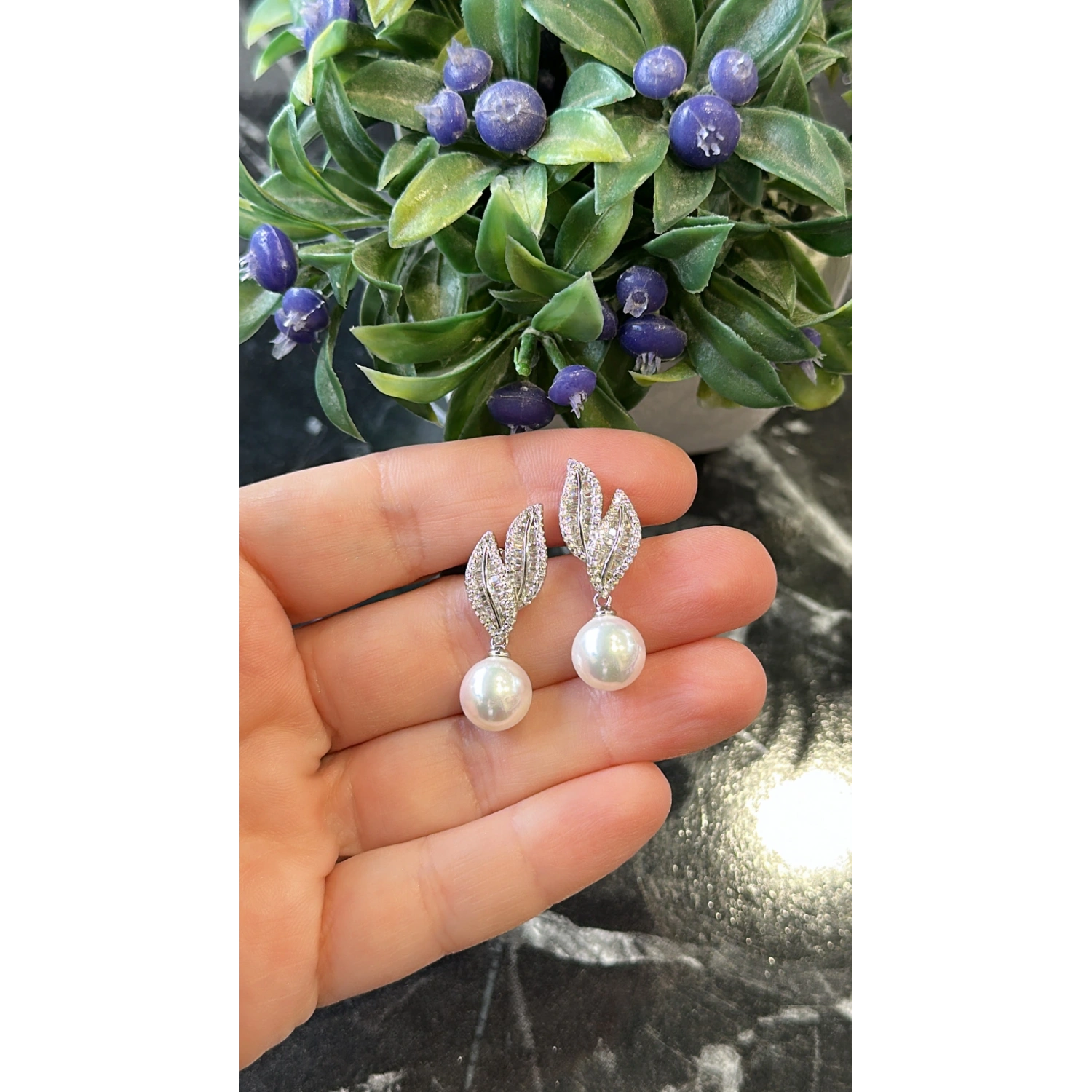 Baget Yaprak Duo İnci Küpe