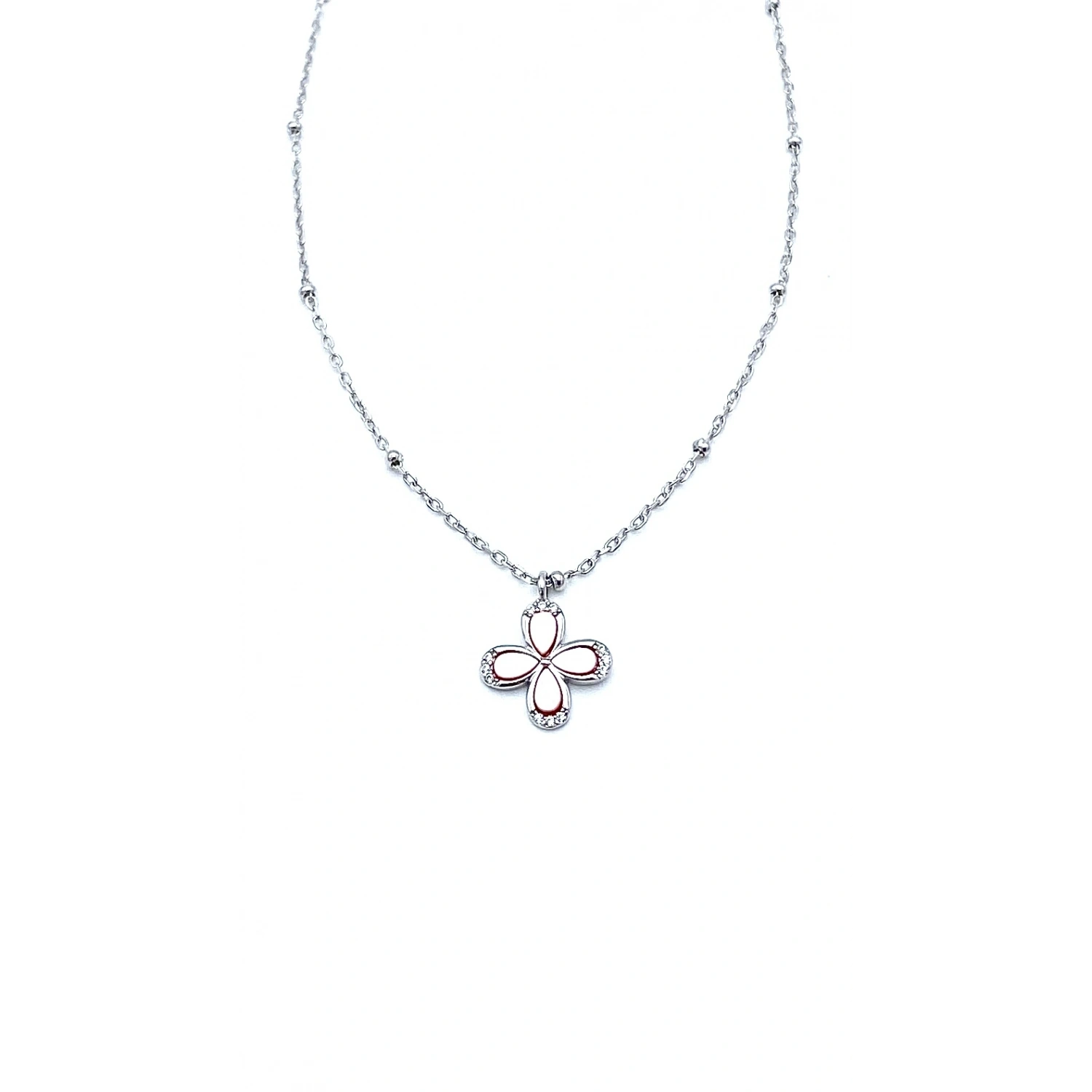 Dört Yapraklı Pembe Sedef Çiçek Kolye