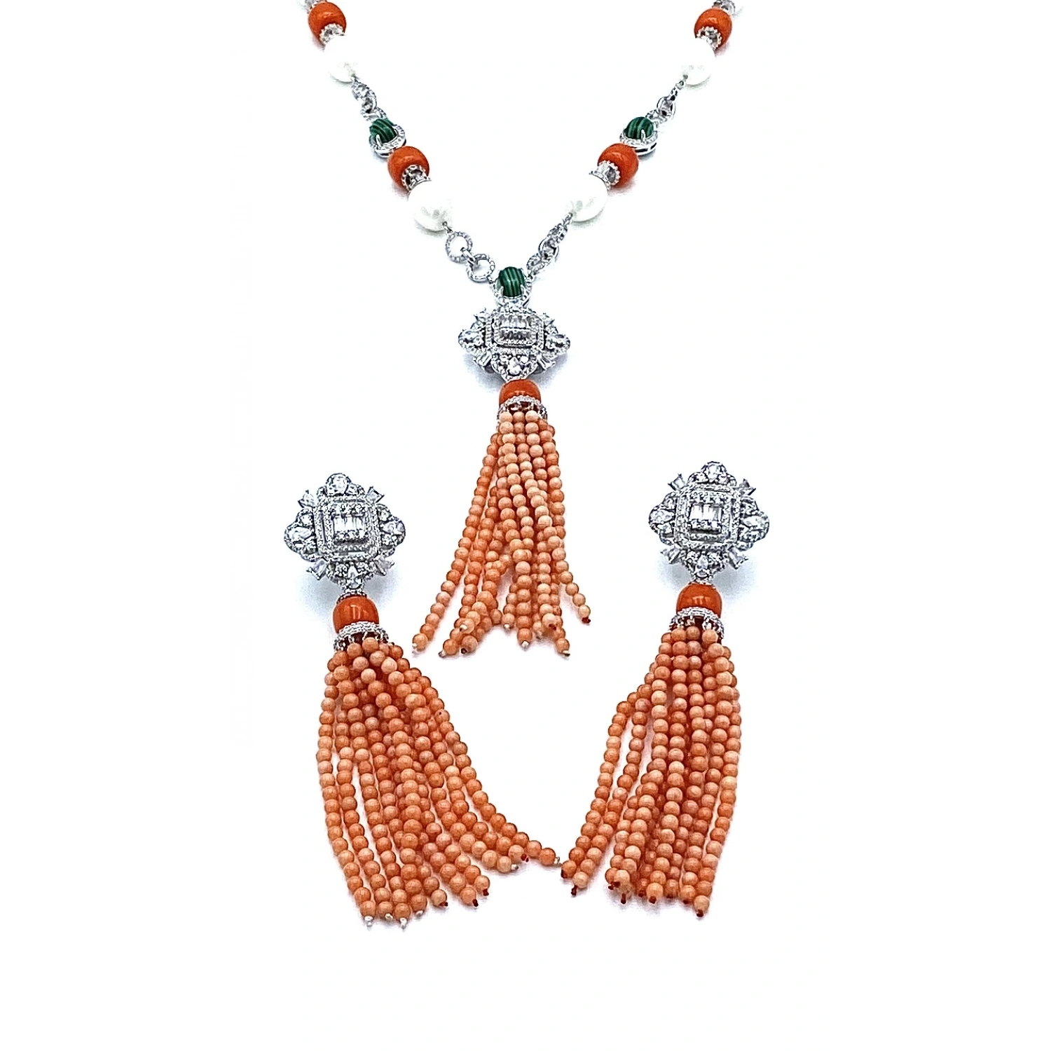 İnci ve Mercan Taşlı Tasarım Kolye Küpe Set