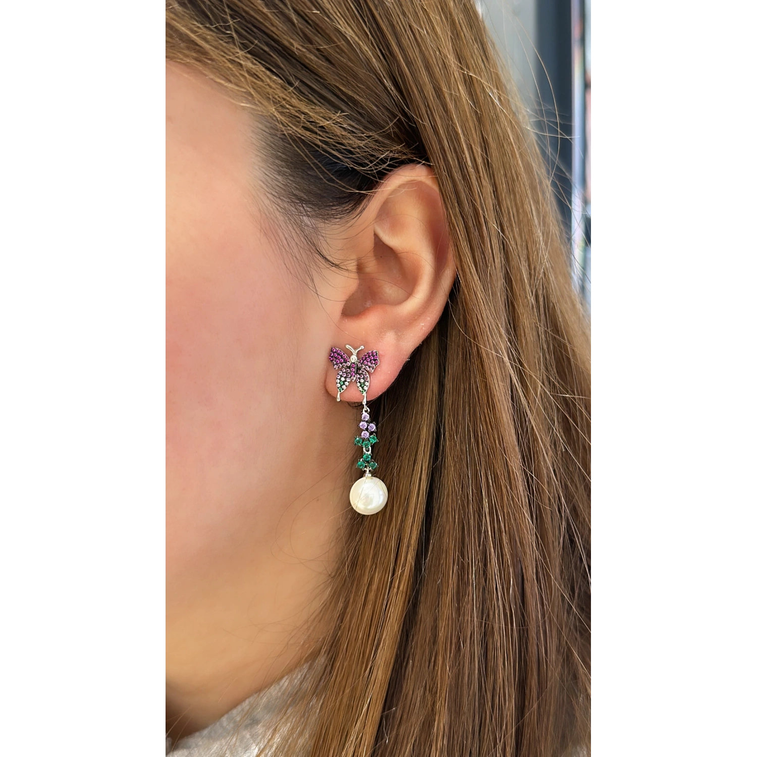 İncili Rainbow Kelebek Asimetrik Küpe