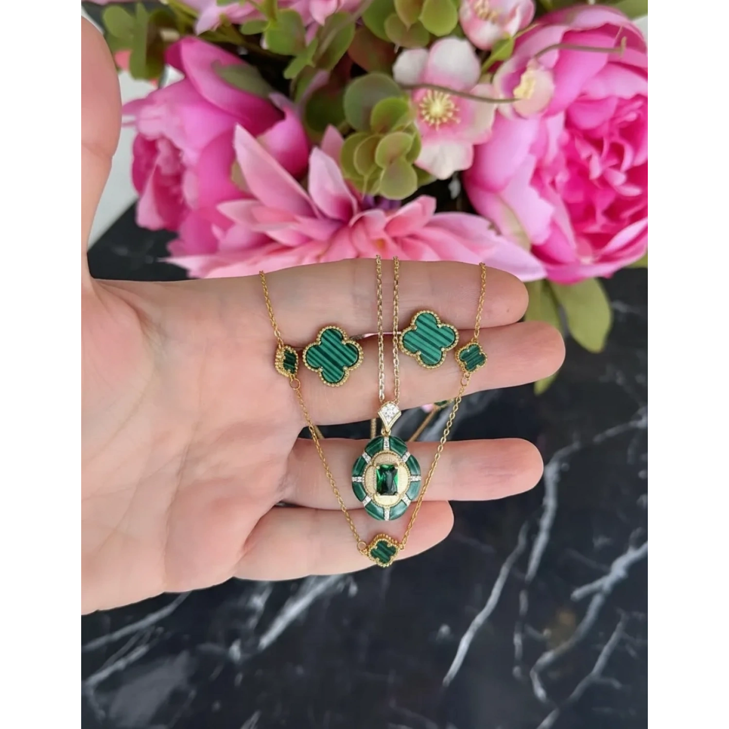 Malahit 7li Mini Yonca Kolye